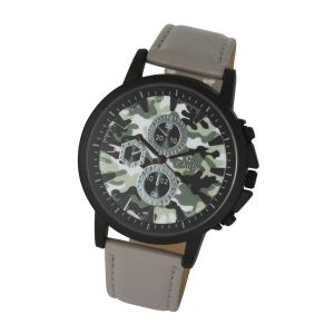 Cardy Herrenuhr mit schwarzem Metallgehäuse, grauem Armband, Camouflage-Zifferblatt, Quarzwerk, stoßfest und wasserdicht - Uhren für Herren