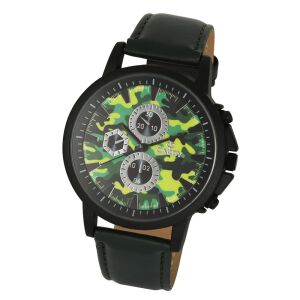Cardy Herrenuhr mit schwarzem Metallgehäuse, dunkelgrünem Armband und Camouflage-Zifferblatt - Uhren für Herren