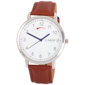 Мъжки ръчен Cardy с обърнатен циферблат, сребърист корпус, кафява каишкена ремък и бял циферблат. - Мода и обличане