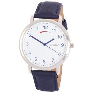 Cardy Herren-Reverse-Armbanduhr mit silberfarbenem Gehäuse, blauem Armband und weißem Zifferblatt. - Uhren für Herren