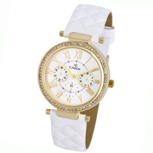 Ceas de damă Cardy aurie cu curea albă și aplicații cu pietre - Accesorii pentru femei