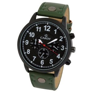 Cardy Herrenarmbanduhr mit schwarzem Metallgehäuse, grünem Armband und schwarzem Zifferblatt. - Uhren für Herren