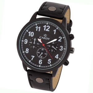 Męski zegarek na rękę Cardy, czarna tarcza i skórzany pasek - Dla mężczyzn