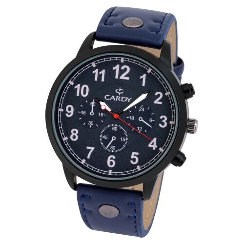 Cardy férfi karóra, fekete színű fémtok, kék szíj, kék számlap, quartz szerkezet, cseppmentes vízállóság