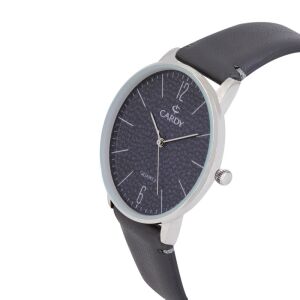 Schrägansicht der silbernen Cardy Herrenarmbanduhr mit grauem Lederarmband - Uhren für Herren