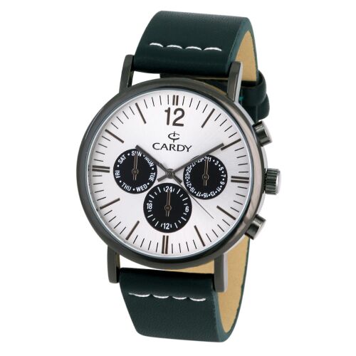 Męski zegarek kwarcowy Cardy z czarną kopertą, zielonym paskiem i srebrno-czarną tarczą
