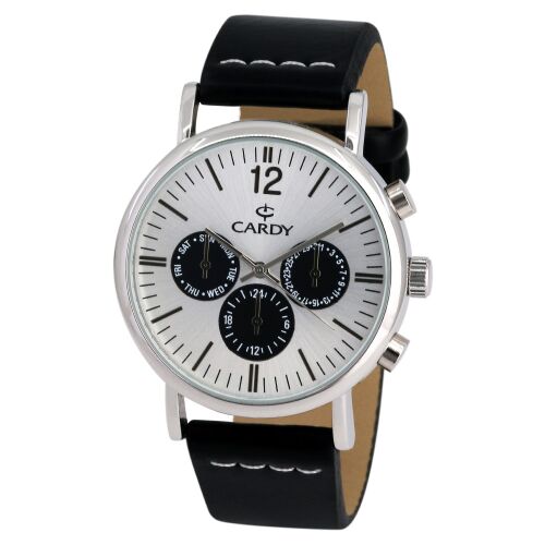 Ceas bărbătesc Cardy cu cuarț, carcasă argintie, curea neagră și cadran argintiu și negru