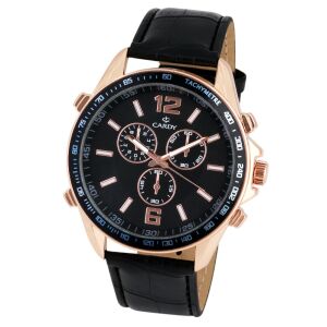 Cardy Herrenuhr Roségold mit schwarzem Lederarmband und schwarzem Zifferblatt - Uhren für Herren