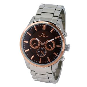 Ръчен мъжки часовник Cardy, кварц, двуцветен метален корпус, сребриста метална закопчалка, кафяв циферблат, водоустойчивост без капки