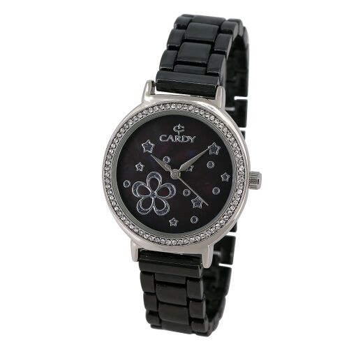 Cardy Damen Quarzuhr mit silbernem Gehäuse und schwarzem Armband
