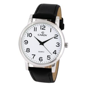 Męski zegarek Cardy ze srebrną kopertą, czarnym skórzanym paskiem i białą tarczą - Dla mężczyzn