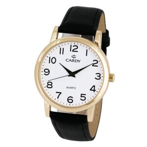 Cardy Herrenuhr goldfarben mit schwarzem Lederarmband und weißem Zifferblatt - Mode & Kleidung