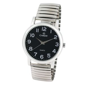 Мъжки ръчен часовник Cardy, сребрист метален корпус, сребриста стоманена пружинна катарама, черен циферблат с арабски цифри, кварцов механизъм, водоустойчивост срещу падане
