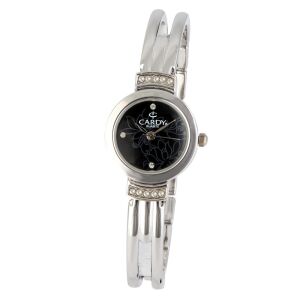 Дамски бижутерски часовник Cardy, корпус в сребрист цвят с декорация от камък, метална катарама в цвят сребро, черен циферблат, кварцова структура, водоустойчивост без капки