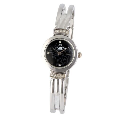 Дамски бижутериен часовник Cardy със сребрист корпус, каменни украшения и черен циферблат