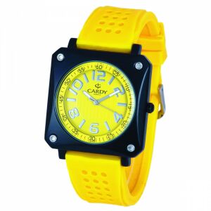 Cardy Herrenarmbanduhr mit schwarzem Metallgehäuse, gelbem Silikonarmband und gelbem Zifferblatt - Uhren für Herren