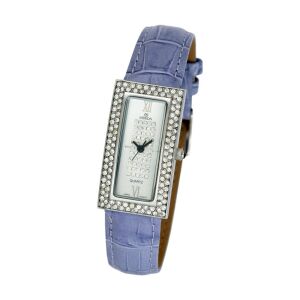 Merion Damenuhr mit silbernem Gehäuse, lila Lederarmband und Kristalllünette - Damen-Accessoires