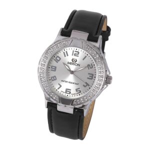 Merion Damenuhr Silber mit schwarzem Lederarmband und Kristalllünette - Damen-Accessoires