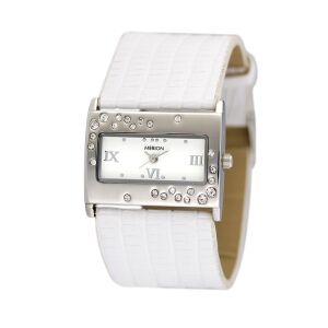 Merion Damenuhr Silber mit weißem Lederarmband und Kristallakzenten - Damen-Accessoires