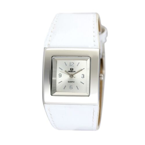 Дамски сребърен часовник Merion с бяла кожена каишка