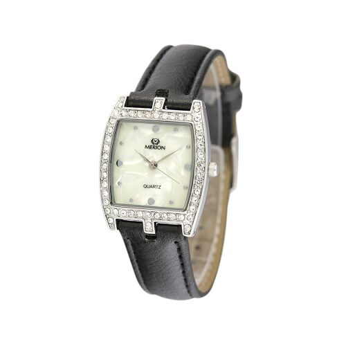 Merion Damenuhr mit schwarzem Lederarmband und Perlmuttzifferblatt