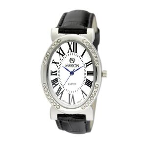 Merion Damenuhr silberfarben mit schwarzem Lederarmband und weißem Zifferblatt - Damen-Accessoires