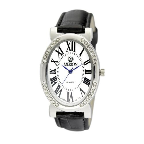 Merion Damenuhr silberfarben mit schwarzem Lederarmband und weißem Zifferblatt