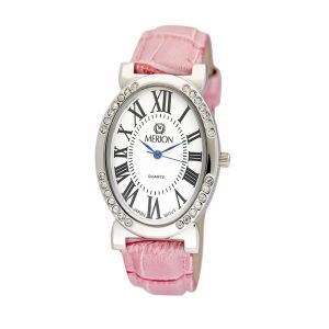 Merion Damenuhr Silber mit rosa Lederarmband und weißem Zifferblatt - MERION