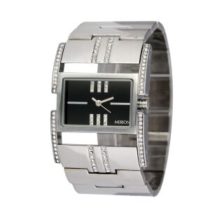 Merion Damenuhr Silber mit schwarzem Zifferblatt und Kristallakzenten - Damen-Accessoires