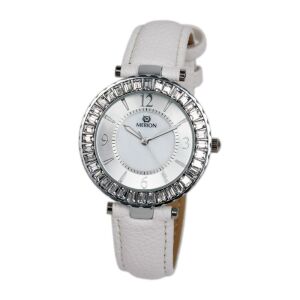 Dámske hodinky Merion so strieborným puzdrom, bielym koženým remienkom a krištáľovou lunetou - Dámske doplnky