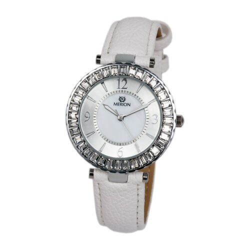 Merion női karóra ezüst színű tokkal, fehér bőr szíjjal és kristály kerettel