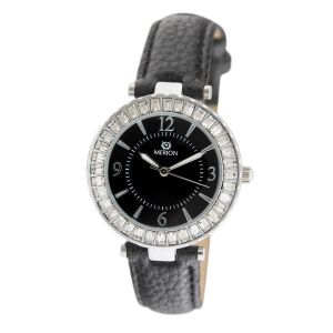 Merion női karóra fekete bőr szíjjal és kristály kerettel - MERION
