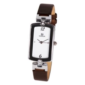 Merion Damenuhr mit silbernem Gehäuse und braunem Lederarmband - MERION