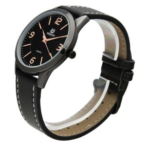 Merion Herrenuhr Seitenansicht, schwarzes Metallgehu00e4use, schwarzes Lederarmband - MERION