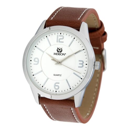 Merion férfi karóra ezüst színű tokkal, barna bőrszíjjal és fehér számlappal