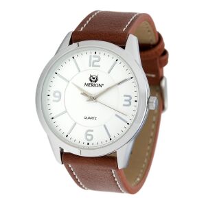Merion Herrenuhr mit silbernem Gehäuse, braunem Lederarmband und weißem Zifferblatt - MERION