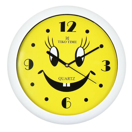 Zegar ścienny Tiko Time z uśmiechniętą buźką, biała ramka, mechanizm kwarcowy