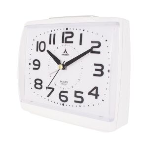 Widok pod kątem białego budzika kwarcowego Astron - Astron