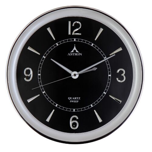 Astron silberne Wanduhr mit schwarzem Zifferblatt