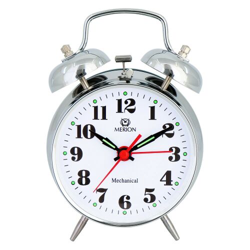 Merion Mechaniczny Budzik ze srebrną obudową i białą tarczą