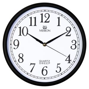 Merion Wanduhr, Quarz, schwarzes Gehäuse, weißes Zifferblatt