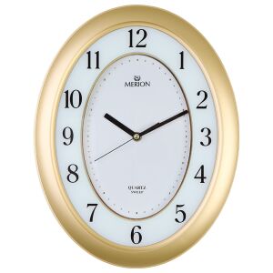 Merion Wanduhr, Quarz, goldfarbenes Kunststoffgehäuse, weißes arabisches Zifferblatt, Sweep-Struktur