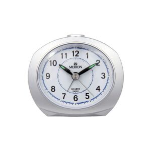 Quartzový budík Merion so strieborným plastovým puzdrom a bielym arabským ciferníkom - MERION