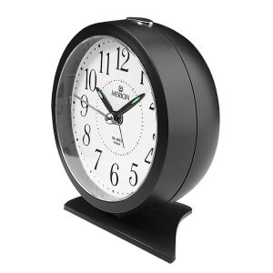Schräge Ansicht des schwarzen Merion Quarzweckers - Wecker