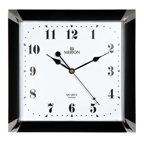 Квадратен стенен часовник Merion, черна рамка, бял циферблат, тих кварцов механизъм
