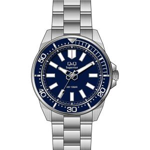 Q&Q Superior S374J212Y Herrenuhr mit blauem Zifferblatt und silbernem Edelstahlarmband - Uhren für Herren