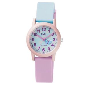 Dječji sat Q&Q VS49J003Y s ružičastim kućištem, plavim brojčanikom i ružičasto/plavim remenom - Ženski asesoar