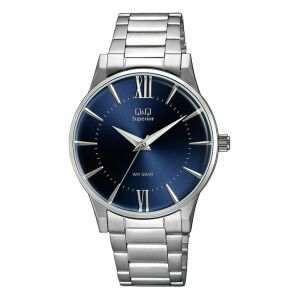 Męski zegarek Q&Q Superior S398J212Y z niebieską tarczą i srebrną bransoletą ze stali nierdzewnej - Dla mężczyzn