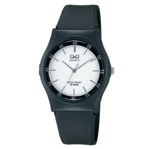 Q&Q Unisex-Armbanduhr aus Kunststoff, Quarz, schwarzes Gehäuse und Armband, weißes Zifferblatt, Kunststoffrückseite, VQ04J002Y