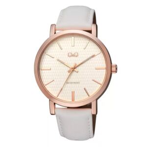 Q&Q analoge Herrenuhr, roségoldfarbenes Metallgehäuse, weißes Lederarmband, weißes Zifferblatt, Mineralglas, Quarzwerk, sturzsicher und wasserdicht – Q892J111Y